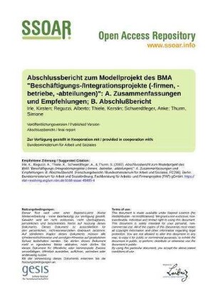 Abschlussbericht zum Modellprojekt des BMA "Beschäftigungs-/Integrationsprojekte (-firmen, -betriebe, -abteilungen)": A. Zusammenfassungen und Empfehlungen; B. Abschlußbericht