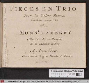 Pieces En Trio Pour les Violons Flutes ou Hautbois