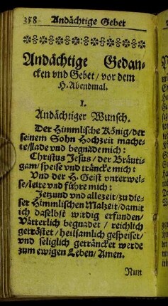 Andächtige Gedancken und Gebet/ vor dem H. Abendmal.
