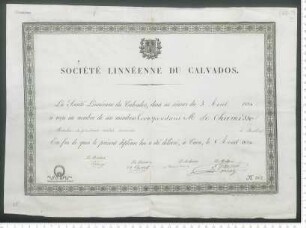 Mitgliedsurkunde der Société Linnéenne du Calvados