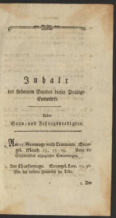 Inhalt des siebenten Bandes dieser Predigt-Entwürfe.