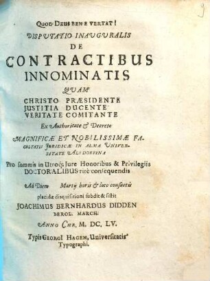 Disputatio Inauguralis De Contractibus Innominatis