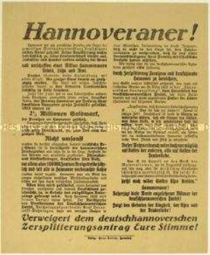 Aufruf zur Abstimmung gegen die Unabhängigkeit der Provinz Hannover von Preußen 1924