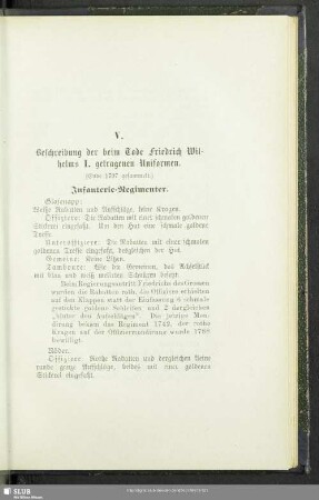V. Beschreibung der beim Tode Friedrich Wilhelms I. getragenen Uniformen
