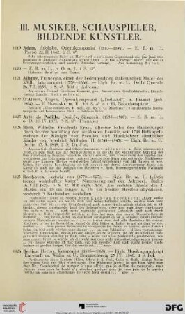 III. Musiker, Schauspieler, Bildende Künstler (Nr. 1119-1266)