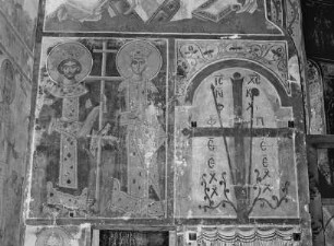 Bildfeld links: Heiliges Kaiserpaar Kostantin und Helene. Bildfeld rechts: Siegeskreuz Christi