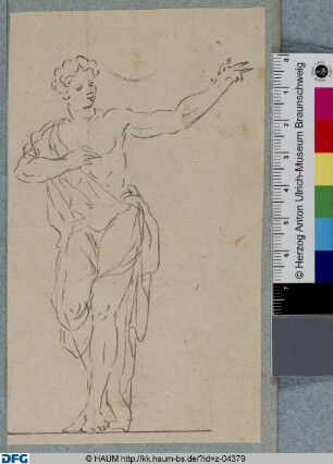 Stehende männliche Figur mit entblößter Brust und ausgestrecktem linken Arm