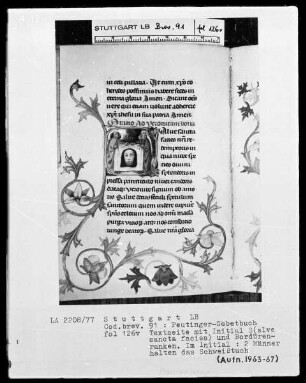 Gebetbuch des Konrad Peutinger — Initiale S (alve sancta facies), darin halten zwei Heilige das Schweißtuch, Folio 126verso