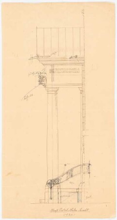 Portal mit Vordach und Treppe: Details 1:20: Seitenansicht des Portaleingangs mit säulengestütztem Vordach und Treppe mit Seitenwange