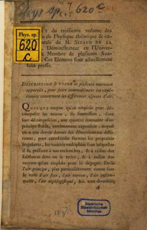 Extrait du troisième volume des Elémens de physique théorique & expérimentale