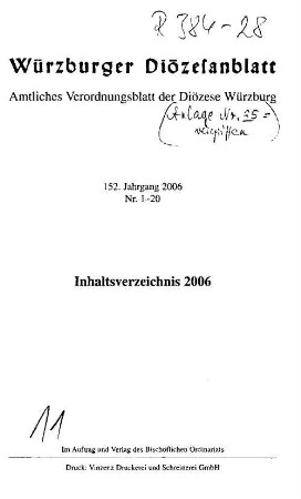 Würzburger Diözesanblatt : amtliches Verordnungsblatt der Diözese Würzburg, 152. 2006