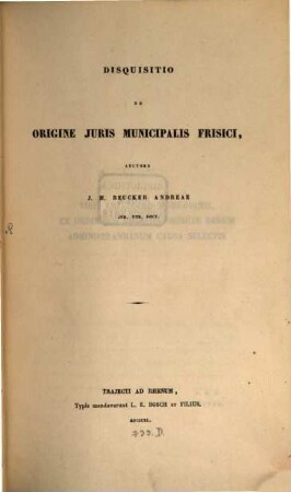 Disquisitio de origine Iuris Municipalis Frisici