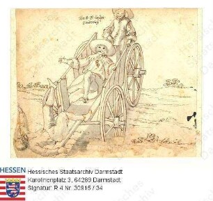 Jagd, Niddaer Sauhatz / Bild 34: betrunkener Landgraf Friedrich v. Hessen-Darmstadt (1616-1682) auf Wagen liegend, diesen steuernd: vermutlich Dame mit Maske