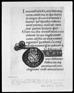 Gebetbuch aus dem Benediktinerinnenkloster Sankt Erentrud auf dem Nonnberg — Initiale Q mit dem heiligen Rupert, Folio 76verso