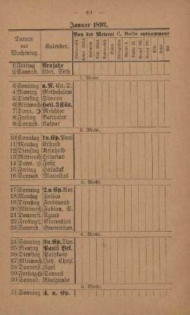 Kalender 1892 (Januar-Dezember)