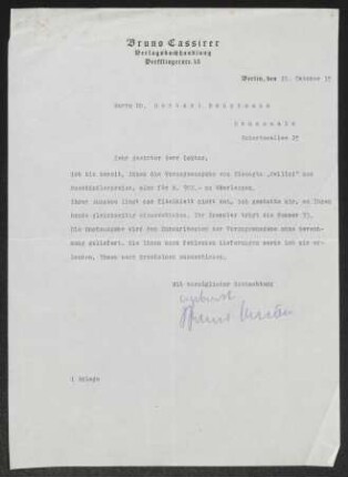 Brief von Bruno Cassirer von Verlag Bruno Cassirer <Berlin> an Gerhart Hauptmann
