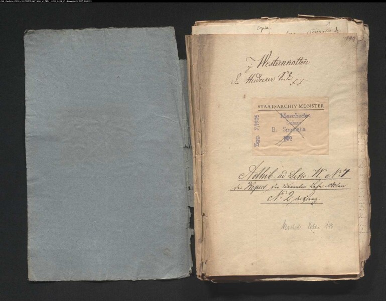 Hudecke-Salzsode und andere Salzsoden: 1. Dietrich v. Landsberg (nach Aussterben der v. Bredenol zu Böckenförde) 1662; 3. Franz Anton v. Landsberg 1700. 1724; 10. Witwe v. L. (auch altes Haus Mellen) 1749; 12. Ignaz v. L. 1800; 16. Clemens August v. L. 1764; 18. Ferdinand Caspar v. Landsberg 1731; 19. Paul Joseph v. Landsberg-Velen 1793; 27. Elis. Voege, Witwe v. Bredenol zu Westernkotten, ./. Dietrich v. Landsberg wegen der Ansprüche auf das Lehen (zum Prozeß vor dem Reichskammergericht) 1657; 36. Dietrich v. L. wegen der Designation des Hauses Mellen 1669; 38. Lehnbrief über Mellen 1649; 40. Eid des Georg Rembert v. Bredenol wegen Nichtvorlage des letzten Lehnbriefes 1625-26; 52. Obrist Wilhelm Dietrich v. Wendt zum Crassenstein namens seiner Tochter ./. Fritz v. Bredenol wegen der Lehnsfolge (mit Familiengeschichte) 1648; 67. Auseinandersetzung wegen des Ankaufs von zwei Salzhäusern durch Fritz v. Bredenol von Georg Rembert v. Bredenol und Verkauf eines Salzhauses an den Junker Lurwaldt zu Suttrop (1396 ff); 72. Lehnbrief für Bernd v. Bredenohl 1505; 73. Lehnsmutung des Walter Philipp v. Ense 1625; 74. desgl. des Adam Philipp v. Ense 1653; 75. Witwe v. Bredenol ./. v. Landsberg wegen des vom Ehemann der Klägerin angekauften Lehens 1658