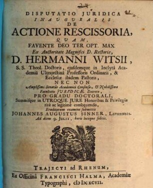 Disputatio Juridica Inauguralis De Actione Rescissoria