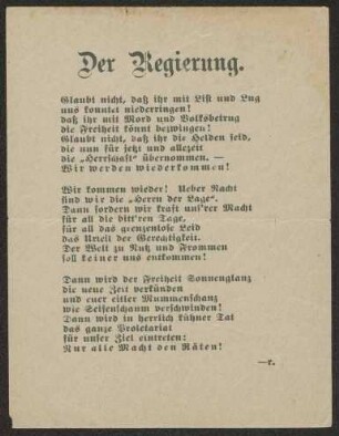 Werbung für den Rätegedanken trotz vorübergehender Niederlage, "Der Regierung", 16,5x12,5 cm