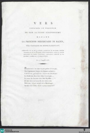 Vers imprimés en presence de son Altesse Serenissime Madame la Princesse Hereditaire de Baden, née Princesse de Hesse-Darmstadt