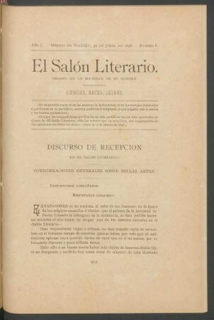 Discurso de recepción en "El Salón Literario" : Consideraciones generales sobre bellas artes.