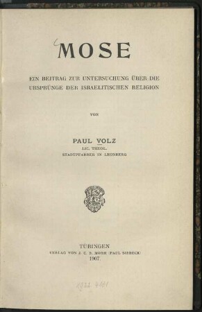 Mose : ein Beitrag über die Ursprünge der israelitischen Religion
