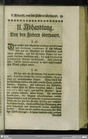 II. Abhandlung, Von den Fiebern überhaupt