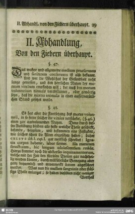 II. Abhandlung, Von den Fiebern überhaupt