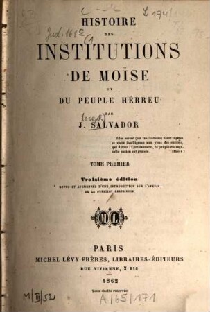 Histoire des institutions de Moïse et du peuple hébreu, 1