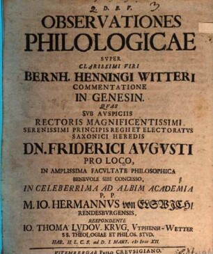 Observationes philologicae super clarissimi viri Bernh. Henningi Witteri commentatione in Genesin