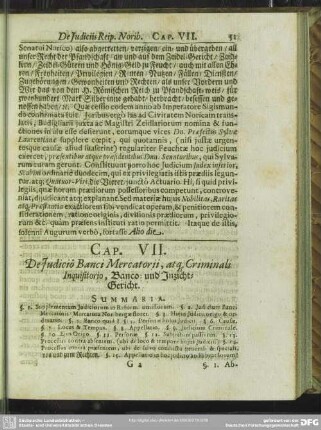 Cap. VII. De Iudicio Banci Mercatorii, atq[ue] Criminali Inquisitorio, Banco- und Inzichts-Gericht