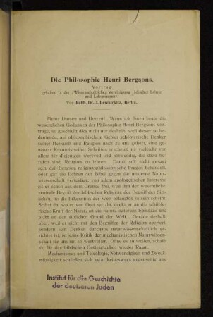 Die Philosophie Henri Bergsons : [Vortrag]