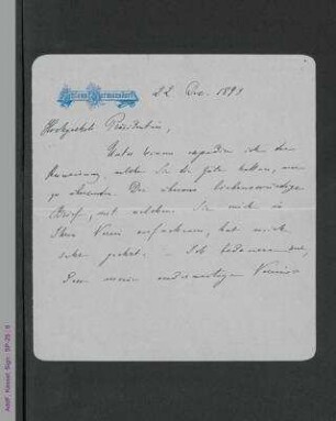 Brief von Bertha von Suttner an Mina Högel, hs.