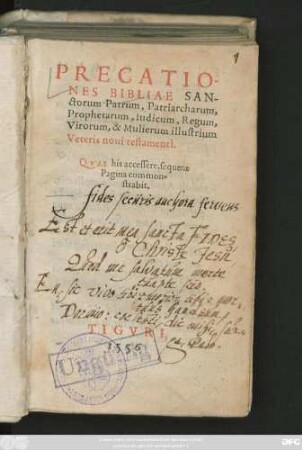 PRECATIO-||NES BIBLIAE SAN-||ctorum Patrum, Patriarcharum,|| Prophetarum, Iudicum, Regum,|| Virorum, & Mulierum illustrium || Veteris noui testamenti.|| ... ||(DOMINICA || PRECATIO DI-||gesta in septem parteis,|| iuxta septem || dies, per || DES. ERAS. ROT.||)
