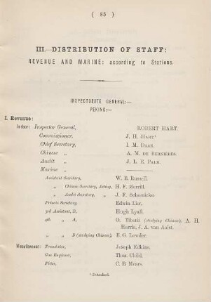 III. - Distribution of staff: Revenue and Marine: according to stations