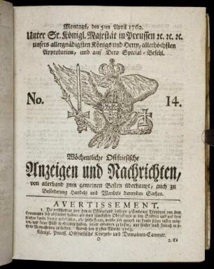 No. 14. Montags, den 5ten April 1762.