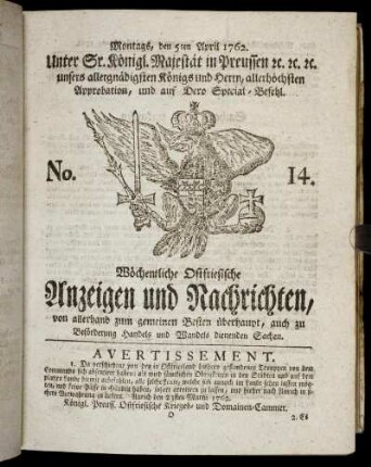 No. 14. Montags, den 5ten April 1762.