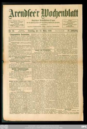 Arendsee'r Wochenblatt, Nr. 36. Dienstag, den 23. März 1920.