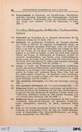 Textilien, Bildteppiche, Meßkleider, Trachtenstücke, Spitzen (Nr. 543-579)