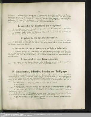 IV. Schulgelderlass, Stipendien, Prämien und Belobigungen