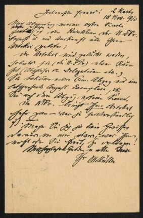Postkarte vom 18.11.1910 von Müller