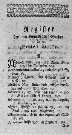 Register der merkwürdigen Sachen in diesem zweyten Bande.