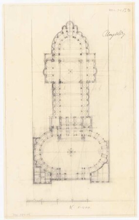 Wallfahrtskirche, Luxemburg: Grundriss von Kirche, Pfarrhaus, Kaplanei und Mariensäule 1:400 (Variante)