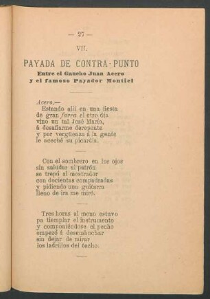 VII. Payada de contra-punto : Entre el Gaucho Juan Acero y el famoso Payador Montiel