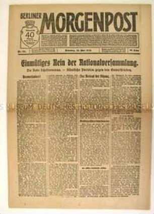 Tageszeitung "Berliner Morgenpost" zur Ablehnung des Entwurfes des Versailler Vertrages in der Nationalversammlung