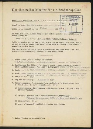 Theatersaal der I.G., Wolfen: Fragebogen für das Handbuch »Das Deutsche Theater«, vierseitiges Dokument