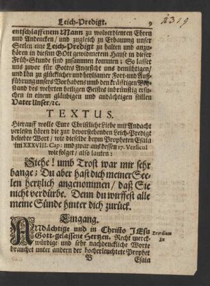 Textus. [...] Propheten Esaia im XXXVIII. Cap: und zwar aus dessen 17. Versicul wie folget/ also lauten: