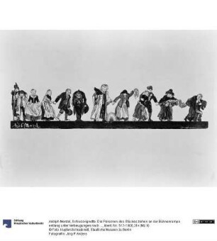Schlussvignette. Die Personen des Stückes ziehen an der Bühnenrampe entlang unter Verbeugungen nach rechts vorbei, zu Heinrich von Kleist "Der Zerbrochene Krug"