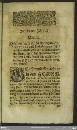 Leichenpredigt : Die aus sechs Trübsalen, Göttliche Errettung, Antritt, Die Text-Worte, Eingang, Abhandlung, Nützlicher Gebrauch