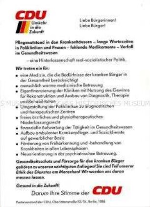 Flugblatt des CDU-Parteivorstandes Berlin zur Gesundheitspolitik